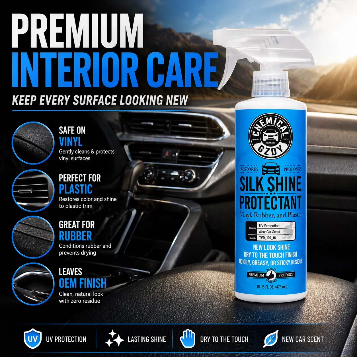 Interior Protectant Spray – Silk Shine UV Restorer for Plastic, Rubber & Vinyl, Dry Non-Greasy Finish