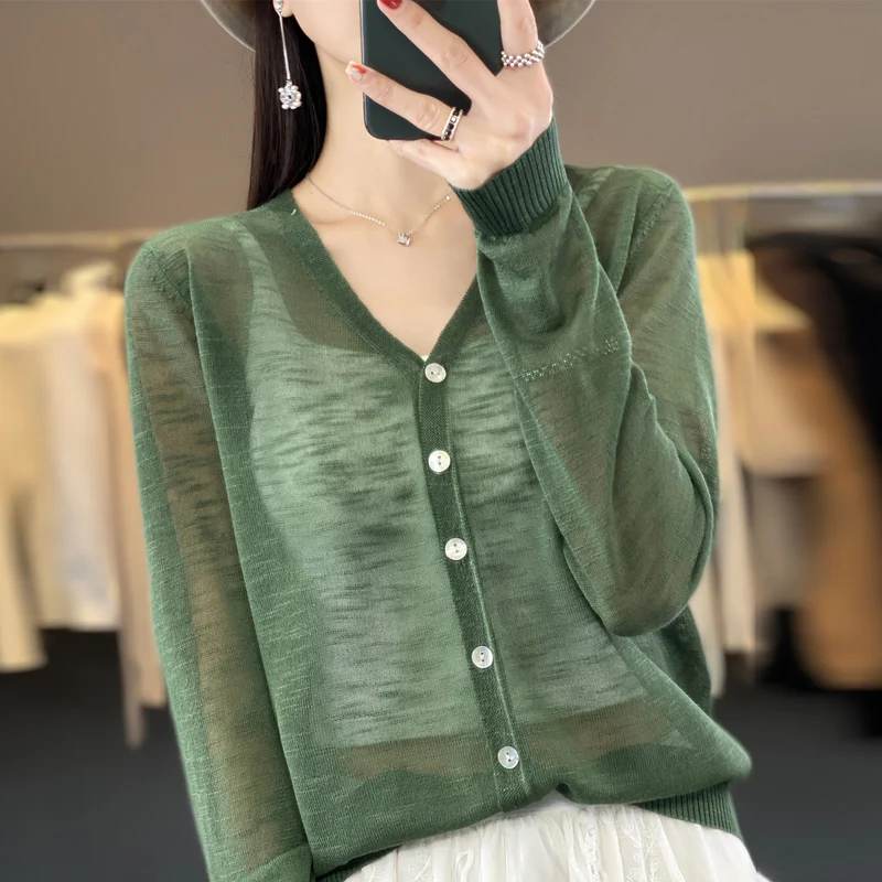 Cardigan de malha fina de verão feminino ar condicionado longo Sve solto agasalhos renda floral saia aberta Sle V-Ne regular...