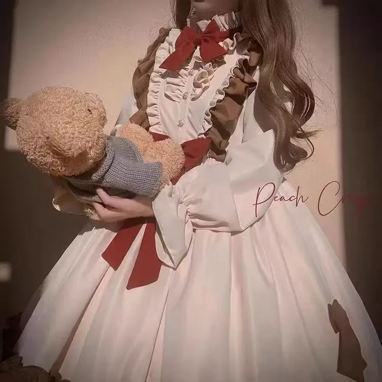 

2025 Women Lovely Cute Autumn and Winter Long Sleeve New Doll Retro Lolita Dress for Bow Sweet Girl Waist A-line Fuffly dshy2
