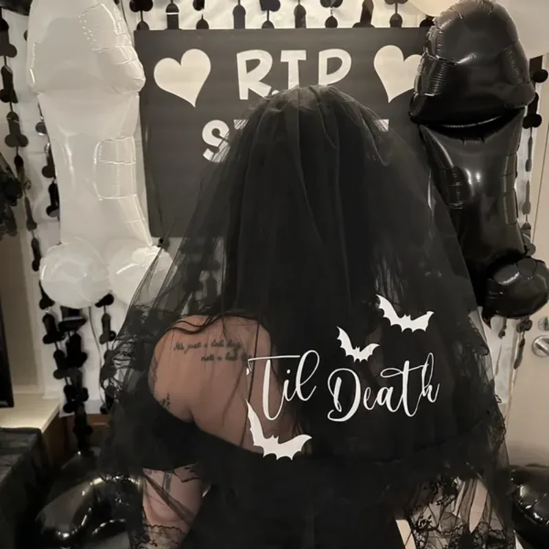 

Bride To Be Till Death with Bats Veil Future Mrs. Gothic Halloween Bachelorette Veil Halloween Bachelorette Party Accessory Gift