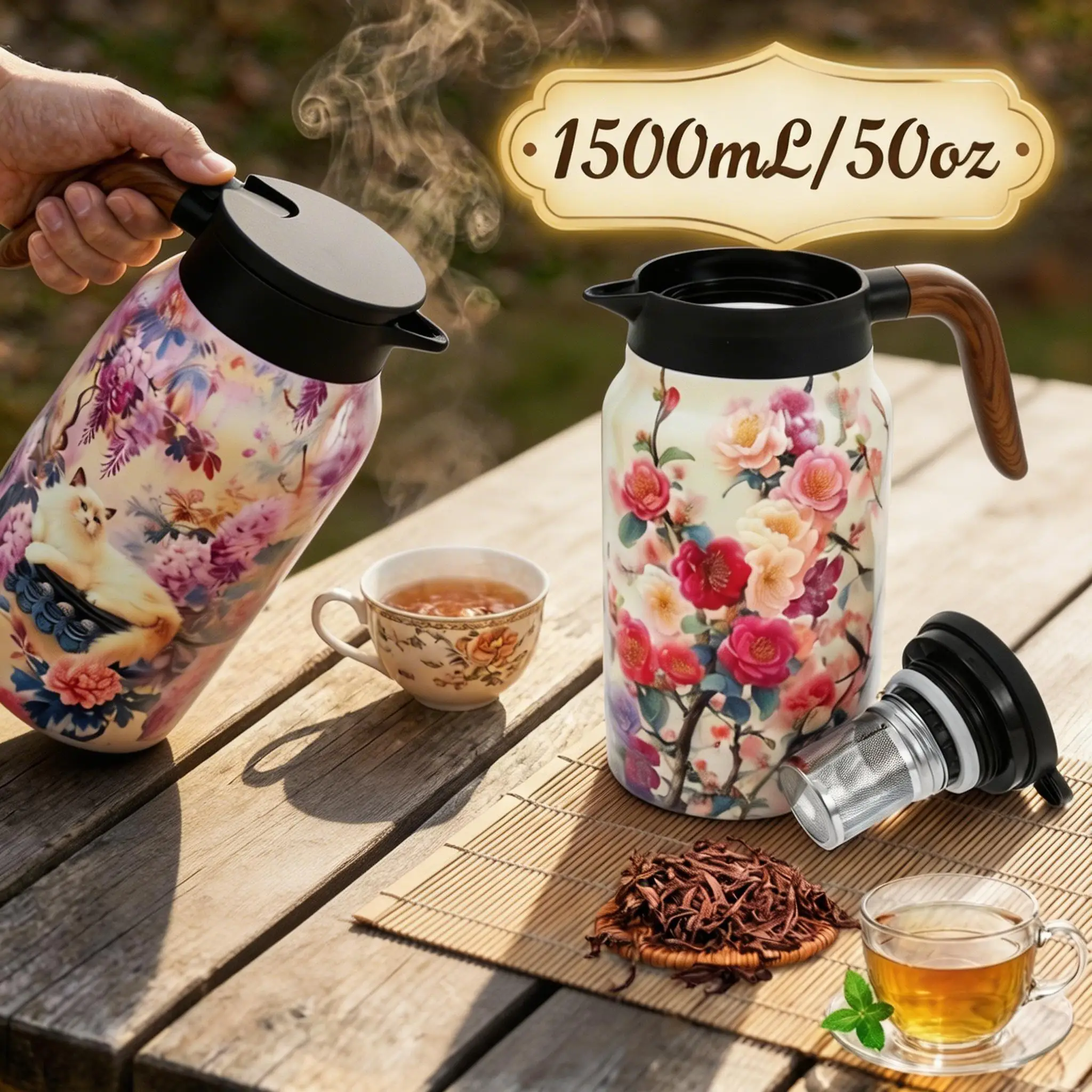 1500ml Vintage Blumen-Teekanne mit Sieb Edelstahl-Teekessel Tropfsichere Teekanne mit Tee-Infuser Thermo-Teekanne für Zuhause