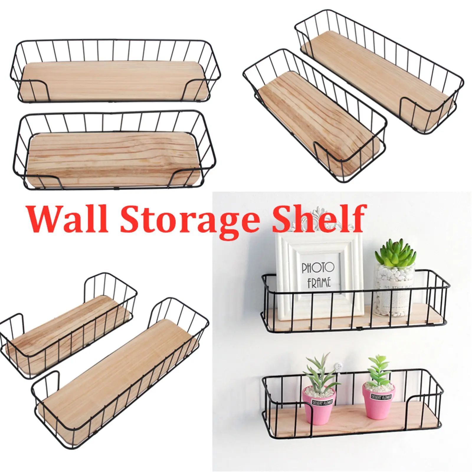 2Pcs No Drilling Wall Mounted Iron Storage Shelf Floating Ledge for Bathroom Kitchen Living Room Home Organization Space Saver