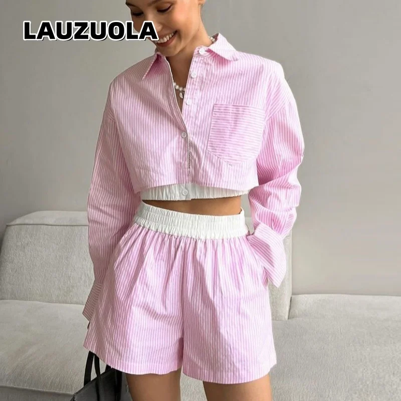 

Women's Faux Fwo-Piece Striped Shorts Suit 2026 New Fashion 2 Piece Crop Top Shirt And Wide Leg Short Pants Matching Set