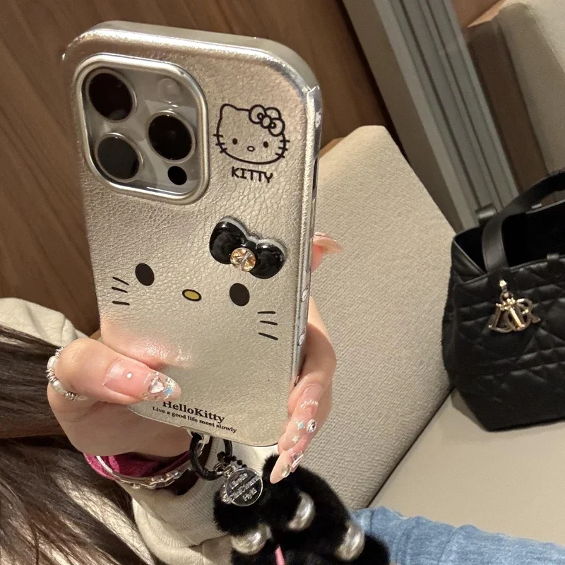 Ins Style Cartoon Anime Creative Silver Leather Cute Hello Kitty Bracelet IPhone Case Advanced Personality Niche Protective Case