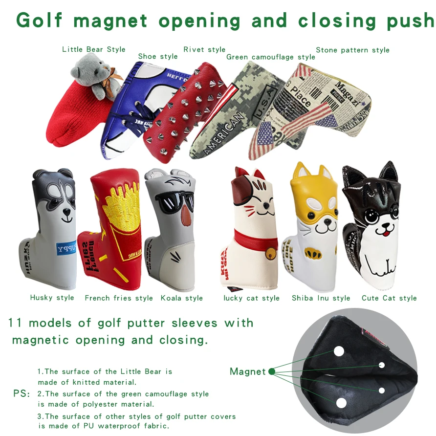 Golf Blade Putter Cover Golf HeadCover Multiple Style Magnetic Magic Tape Open Close Golf Club Protective Headgear Golf Supplies