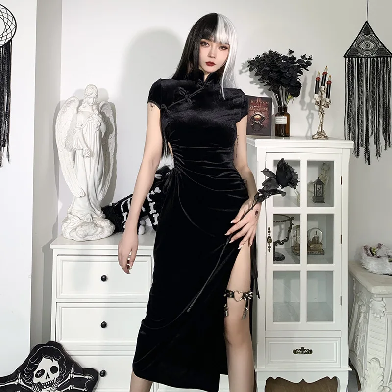 Chinese Stand Collar Gothic Dress Cheongsam Dresses Vintage Women Black Bandage Slit Hem Sexy Evening Qipao Dress Long Vestidos