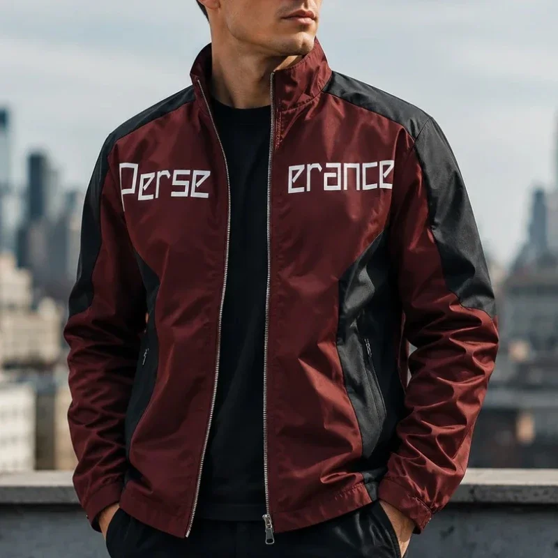 High Street Man's Motorbiker Jackets Versatile Color Block Printed Stand Collar Motorcycle Coat Spring Autumn Outerwear Overcoat