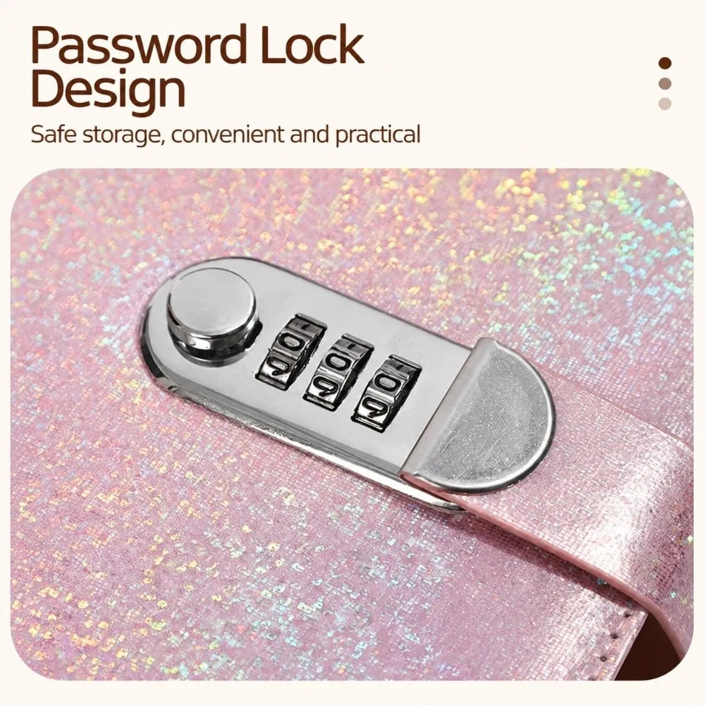 Portable Password Lock Money Saving Binder Loose Leaf Glitter Cash Savings Notebook Large Capacity Cash Storage Book For Adults