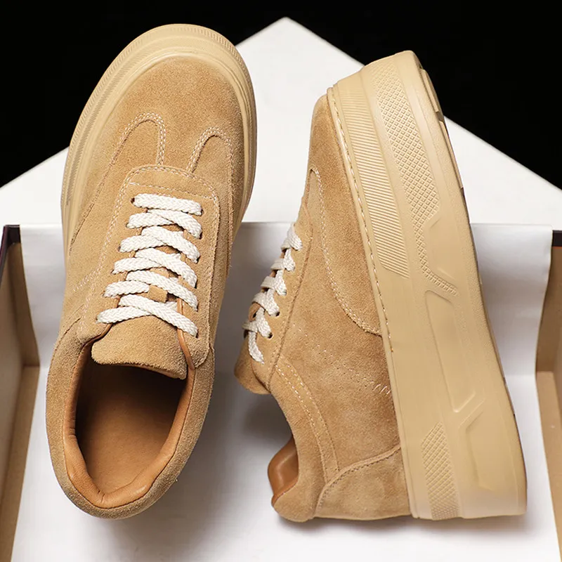 Fashion Women Casual Shoes Cow Suede Leather Platform Chunky Sneakers Lace-Up Thick Sole Trendy Elevator Board Shoes