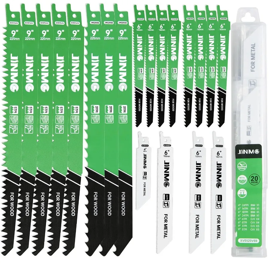 

Набор из 20 полотен для сабельной пилы с 4 резаками по металлу и 16 лезвиями для резки древесины включает чехол-органайзер для эффективного хранения