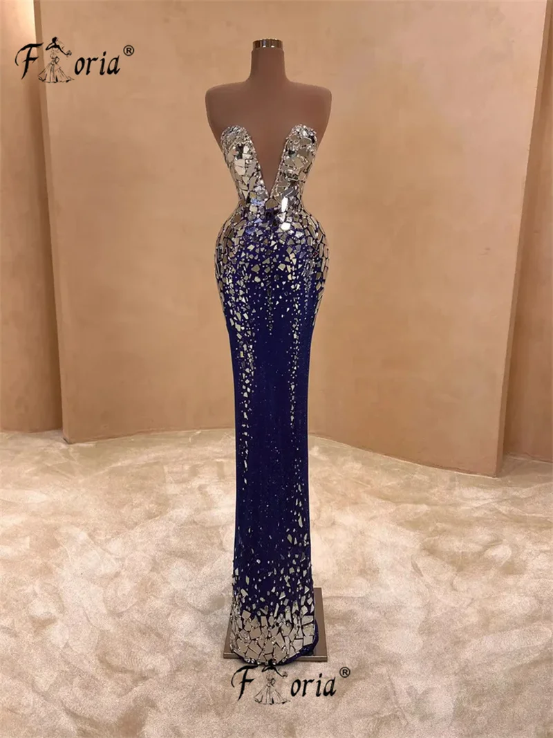 

Роскошное вечернее платье Celerbity с серебряными кристаллами и блестками, синие бусины длиной до пола, платья для выпускного вечера, вечернее платье