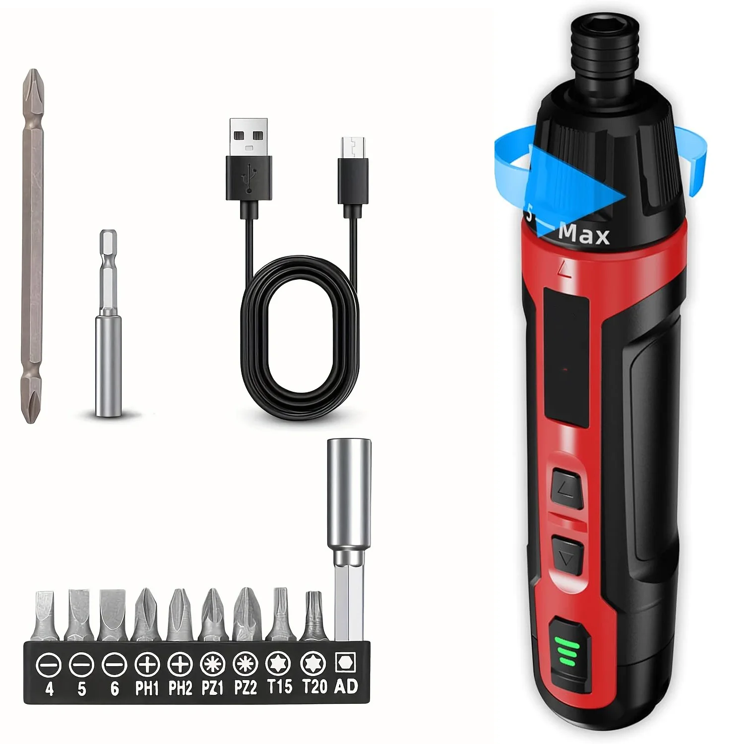 Type C 3.7 V rechargeable wireless electric screwdriver kit with 11 screwdriver tips, 3 helical drills, 5 bushings, flexible