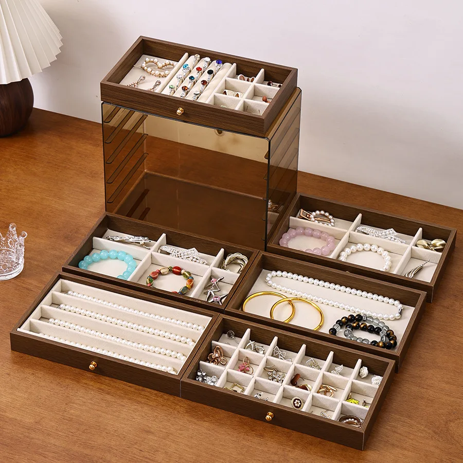 Walnut Color Jewelry Box, 3-in-1 Wooden Organizer with Drawer, Dustproof Moisture-proof Storage Case for Earrings Necklace Ring,