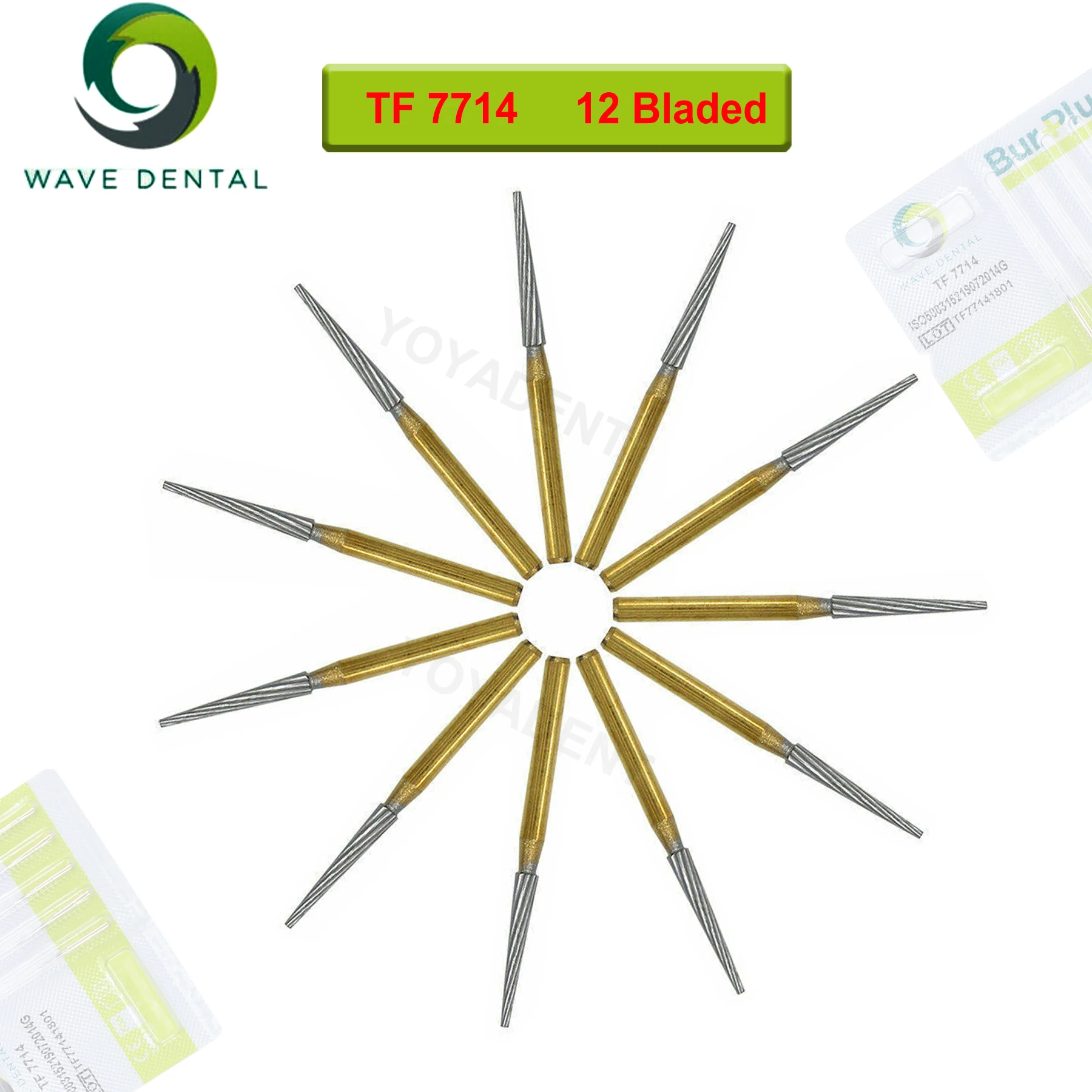 WAVE Dental Carbide Burs Gold Plated Trimming Finishing Bur Tapered Fissure Head 12 Bladed TF7714 High Speed Turbine Handpiece