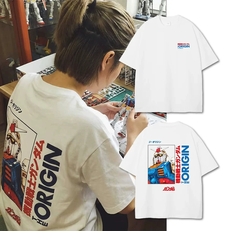 Anime Gundam Mecha Vintage Retro Manga Japan Tee Men's Women's White Cool Graphic Print Oversized Short Sleeve Streetwear Top