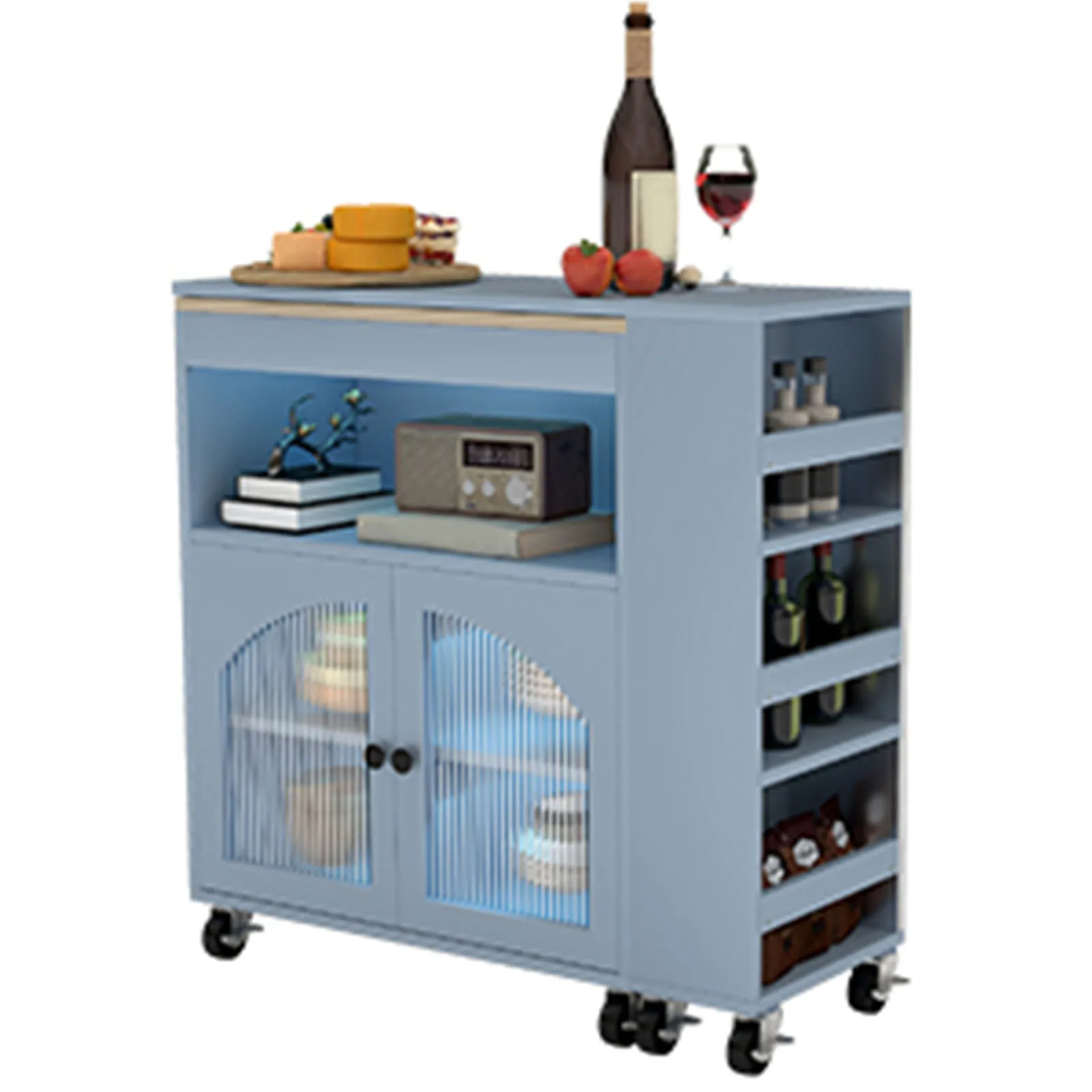 جزيرة المطبخ المتداول مع مساحة تخزين على عجلات مع منافذ طاقة بإضاءة LED، طاولة ممتدة MDF، عربة تخزين المطبخ الدوارة #3