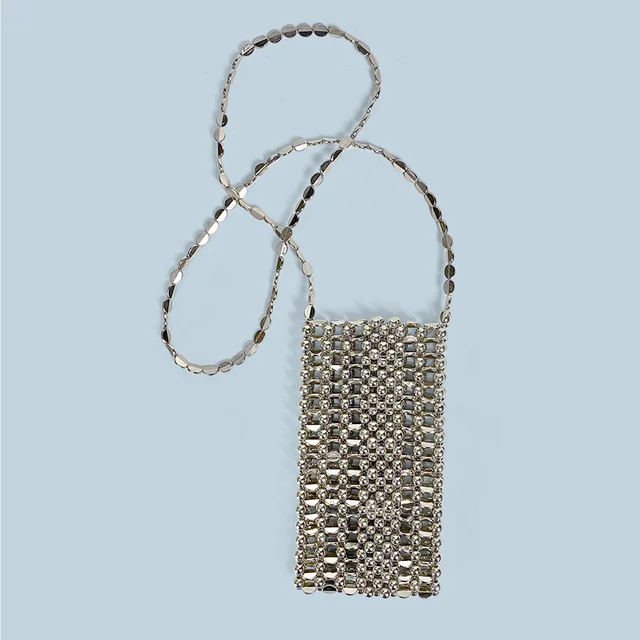 Gorąco sprzedający się nowy produkt: Ręcznie robiony srebrny płaski portfel mobilny z łańcuszkiem, mini torba na ramię typu crossbody