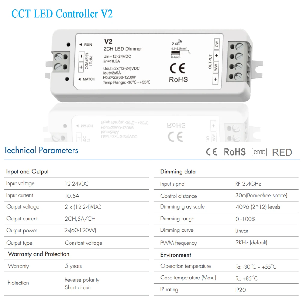 CCT LED Controller V2 12V 24V DC Dimmer 2CH 5A  With Auto-transmitting Function Fade Mode Touch Slide RF Remote Controller R12