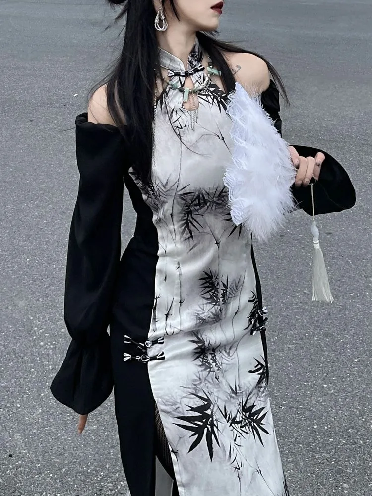 Nuovo abito con stampa in stile cinese per donna 2025 Abiti estivi slim fit con scollo all'americana Y2k Manica lunga con spalle scoperte Cheongsam migliorato