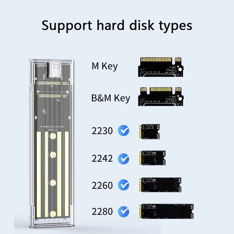 휴대용 투명 USB 3.1 외장 SSD 케이스 (M.2 NGFF 타입 하드 드라이브 케이스)