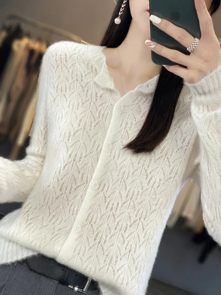 2024 Autumn Winter 100% Merino Wool Women’s Cardigans Hollow Out Knitwear Coat Sweater Clothing Basic Comfortable  Leisure Tops