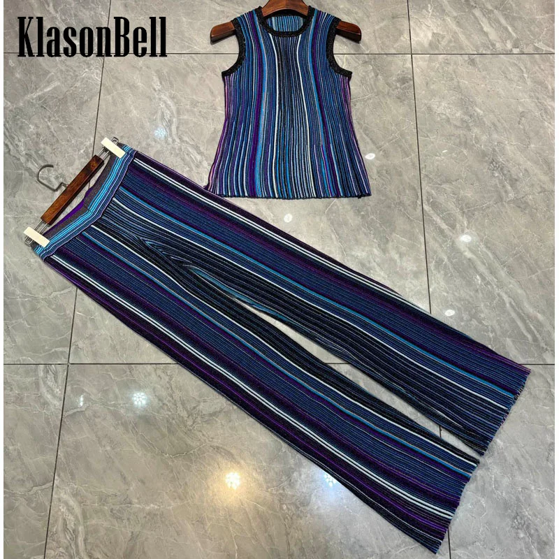 12.31 KlasonBell Contrast Color Striped Bright Silk Knitted Set O-Neck Sleeveless Short Tank Top Or Elastic Waist Pants Women