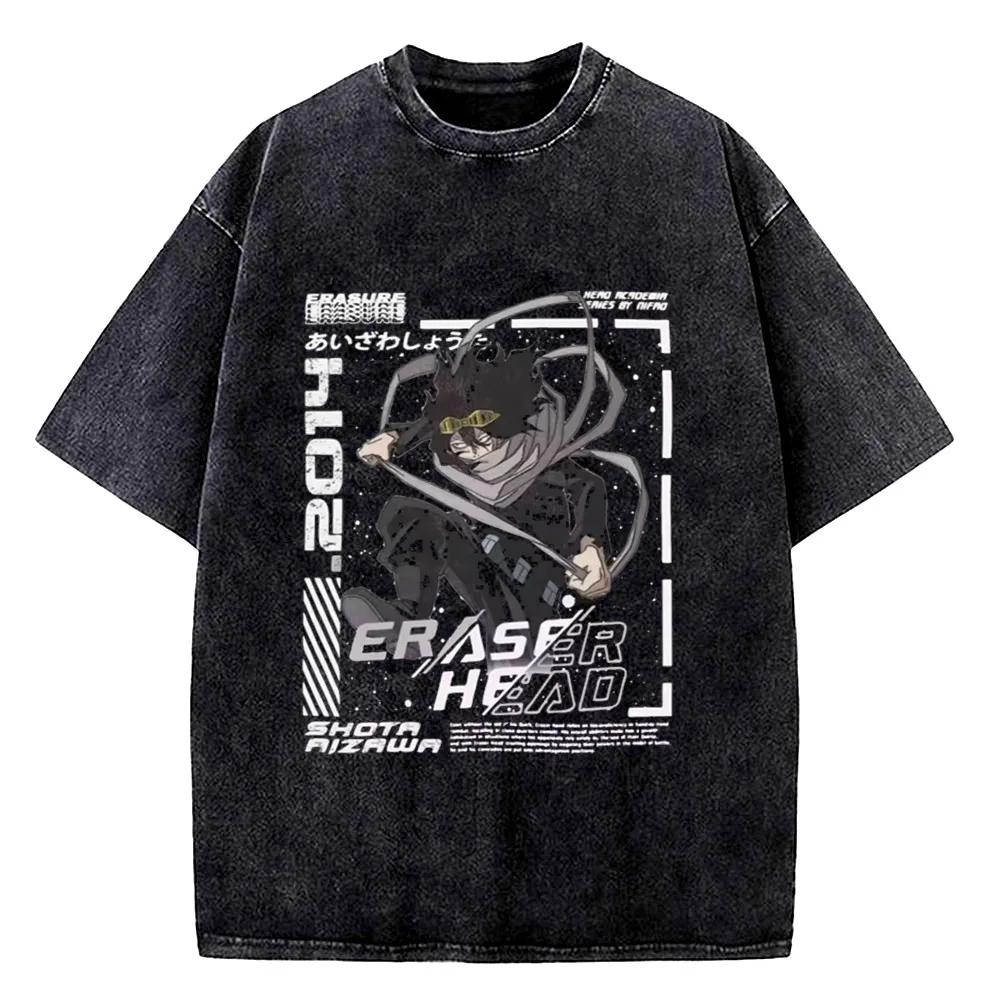 My Hero Academia Aizawa Shouta Anime Washed T Shirts Hip Hop Vintage T-Shirt Boku Tees Tops Cotton Harajuku