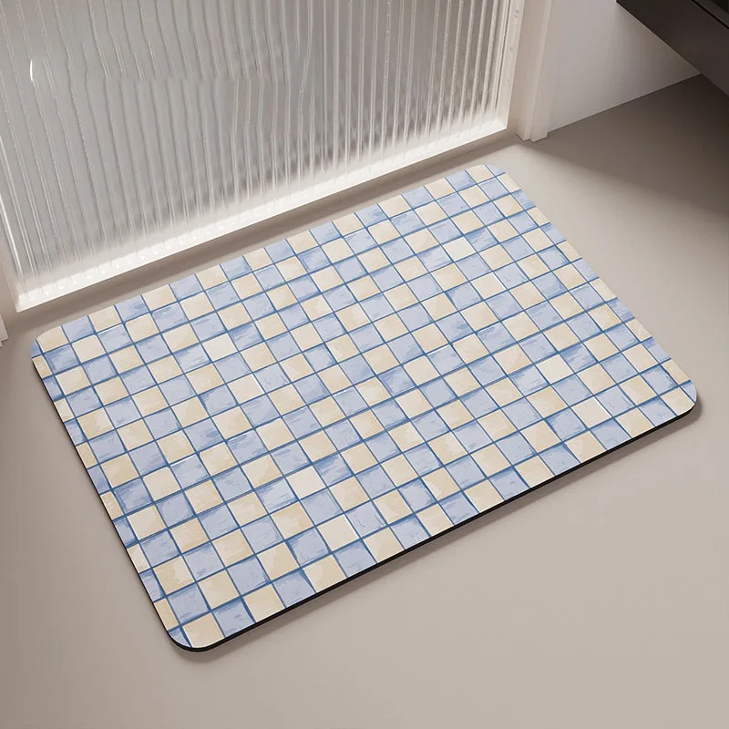Pastel Light Blue Watercolor Brick Grid Doormat, Minimalist Quick Dry Bath Mat for Shower Room Entryway Decor