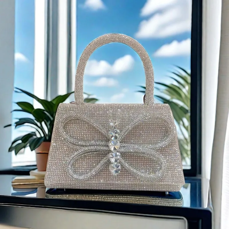 Cross-border E-commerce 2026 New Dinner Bag, European and American Light Luxury Full Diamond Bow Handbag, Shining Bridal Bag