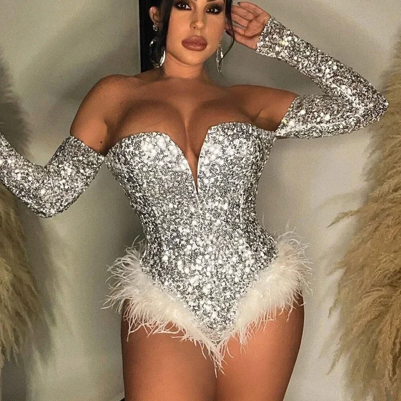 Silver Gold Sequin Feather Bodysuits Women Strapless Body Suit Tops Club Rompers Party Nightclub Sexy Bodycon Corset Jumpsuits