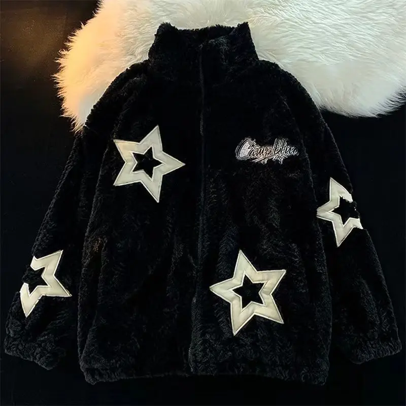Amerykański retro pentagram haft fuzzy para luźne ins wiatr pogrubienie kurtka podszyta bawełną płaszcz zimowy jaqueta feminina