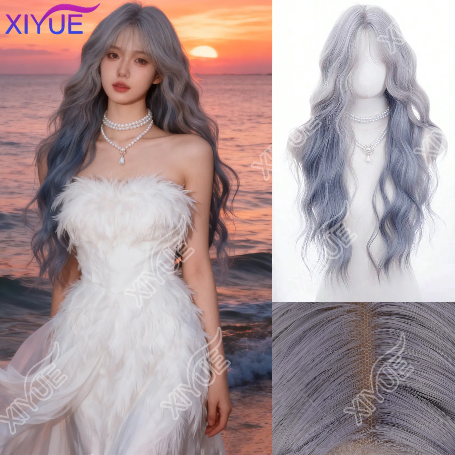 

XIYUE синтетические длинные волнистые парики на лбу, градиентный серо-синий полутканый повседневный натуральный, гладкий и реалистичный парик