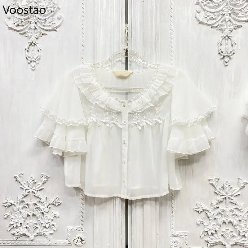 Summer Vintage Kawaii LolitaPrincess Blouses Women Japan Style Bow Lace Ruffles O-Neck Short Shirts Girl Chiffon Jsk Inside Tops