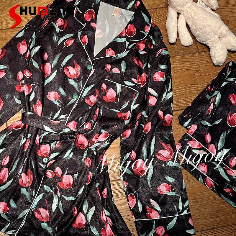 

Высококачественный французский модный комплект домашней одежды для девочек, роскошные пижамы из ледяного шелка с длинными рукавами и цветочным принтом, женские весенне-осенние японские костюмы