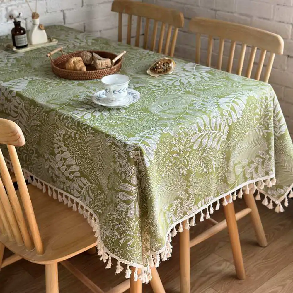 Green Printed Tablecloth Cotton Linen Leaf Pattern with Tassels for Restaurant,Picnic,Table Cover Round Table Overlay Dust Proof