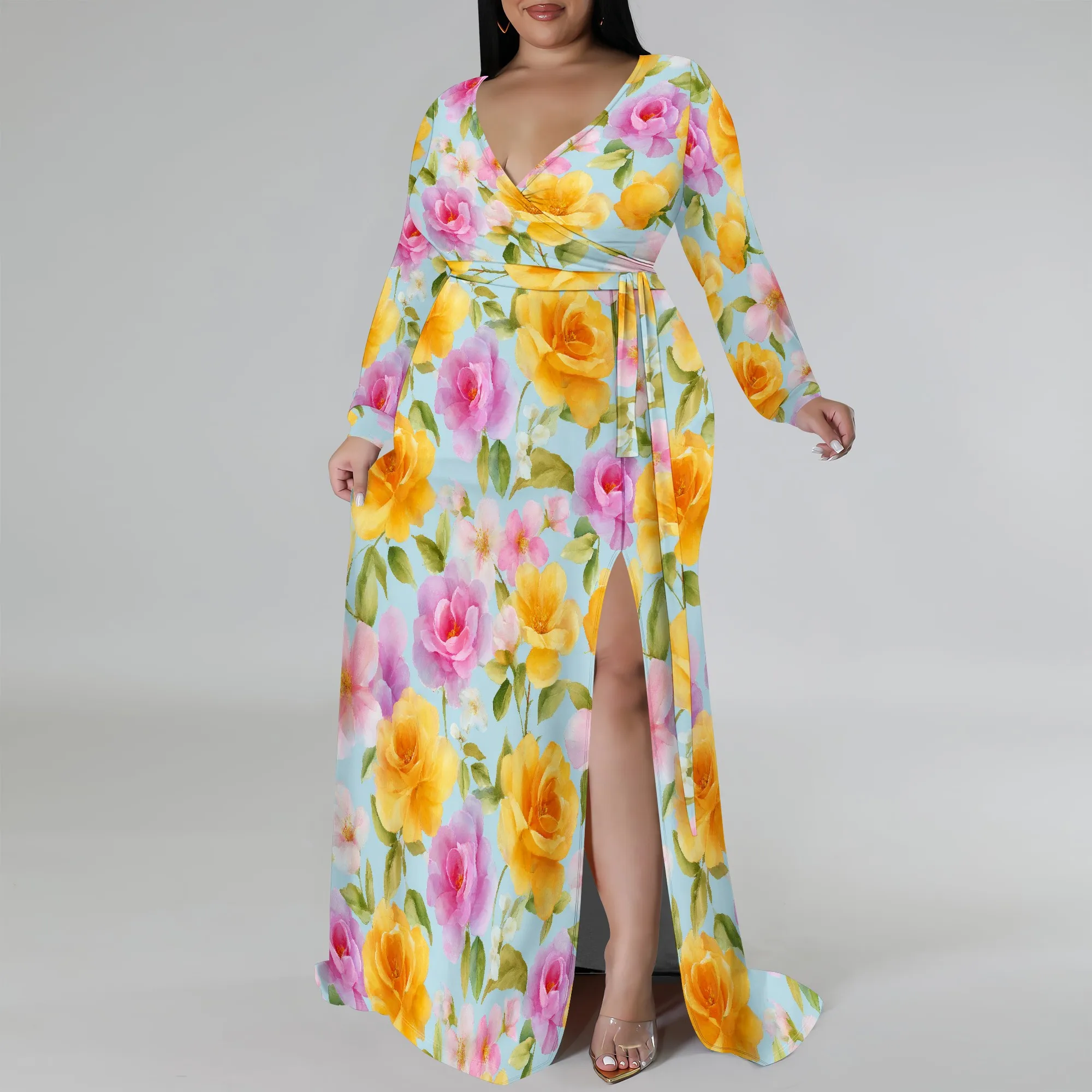 Plus Size Dresses for Women Floral Print Maxi Dress Slit Flowy 3/4 Sleeve with Belt