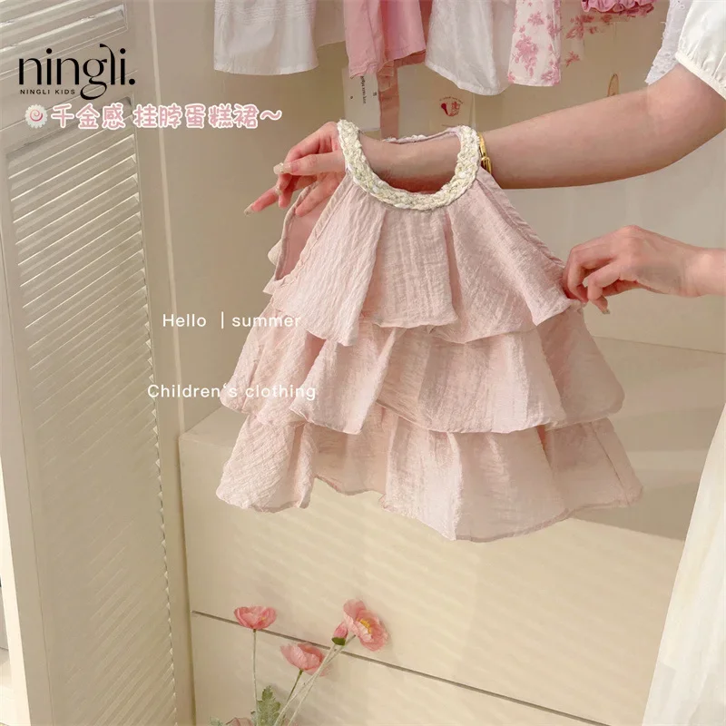 Girls Casual Dresses Summer New Children Clothing Sweet Vest Baby Cake 2024 Round Collar Fashion Soild Sweet Pink - Image 6
