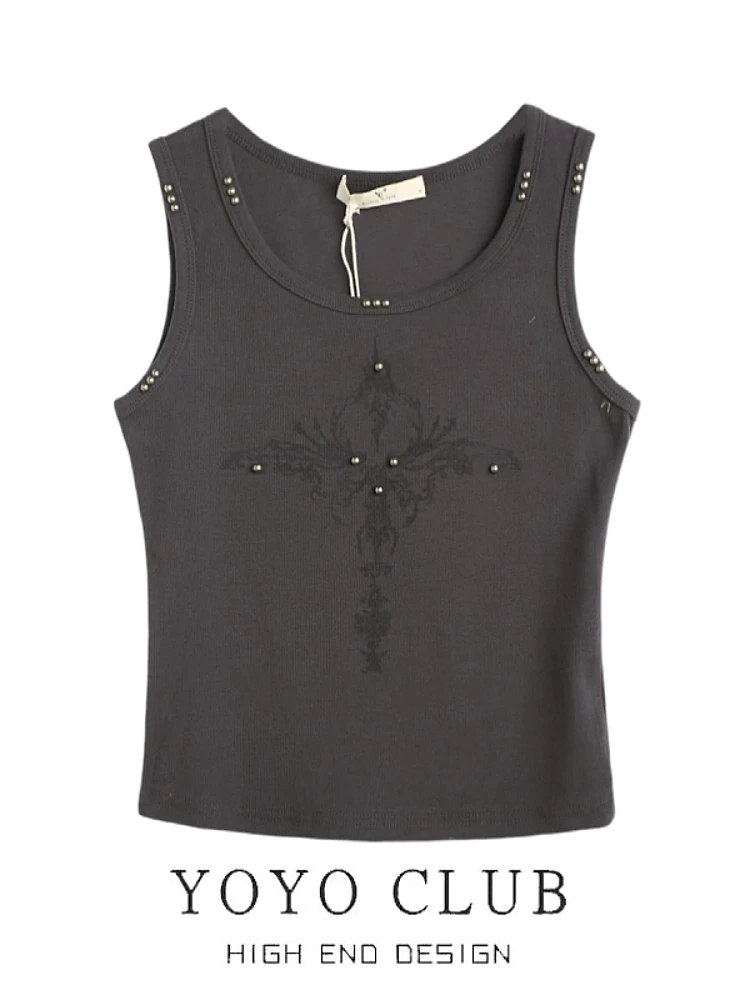 YOYO CLUB American Sle Retro Hot Girl ort Sve round Ne Vest Brand Bule Summer Clothing Cotton Polyester Print Design