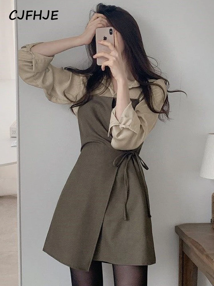 Two 2-Pieces Outfits Suits Autumn Chic Cute Dress Women Long Sleeve Single Breasted Button Shirt Dresses Fenimine Vestidos