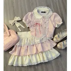 Retail New Teenage Clothing Lace Suits,  Baby Girls  Fashion Summer  2 Piece Sets,  Top+ Skirts   4-12 T