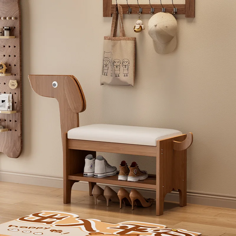 

A solid wood shoe changing stool in the shape of a small dog, with a 55-100cm long shoe storage rack and leather soft cushion