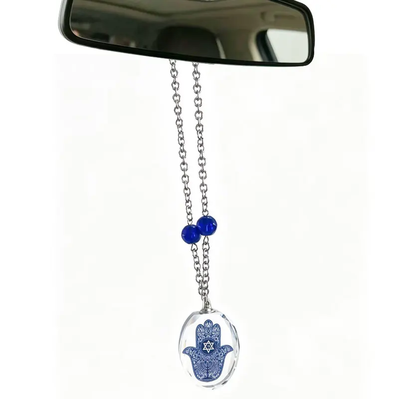 Hebrew jewish Star of David Menorah blue crystal car pendant hanging