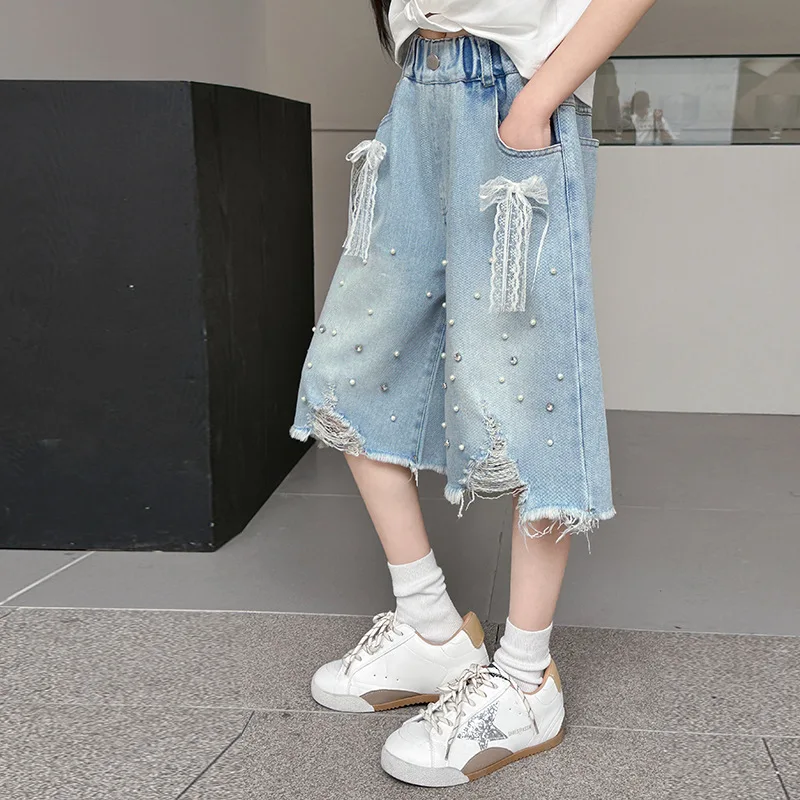 Teens Girls Ripped Jeans Shorts 2026 Trendy Bow Rhinestone Design Summer Thin Childen Casual Five Point Shorts Trousers