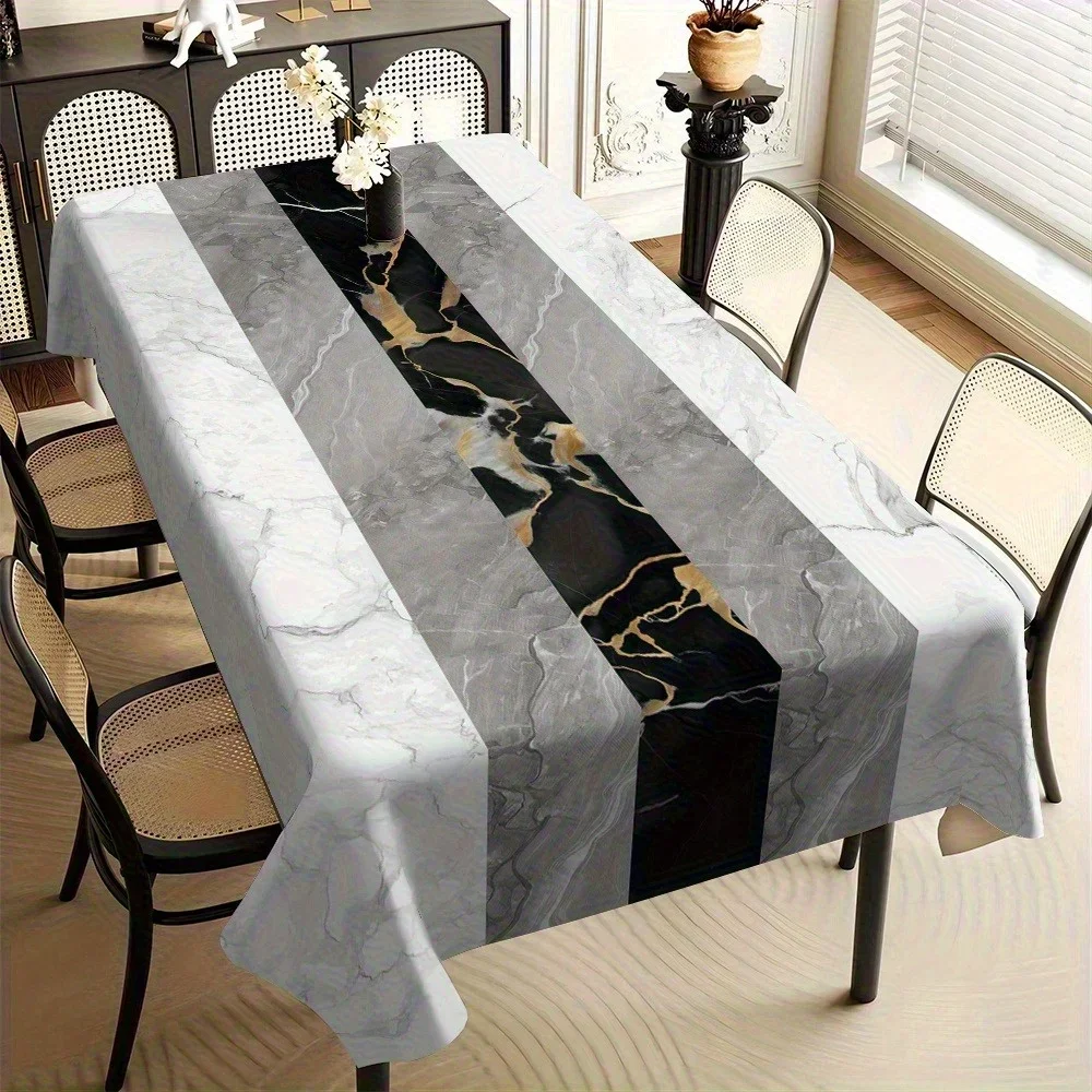One piece of marble-patterned, black and gold-studded, luxurious tablecloth, rectangular and durablezyc