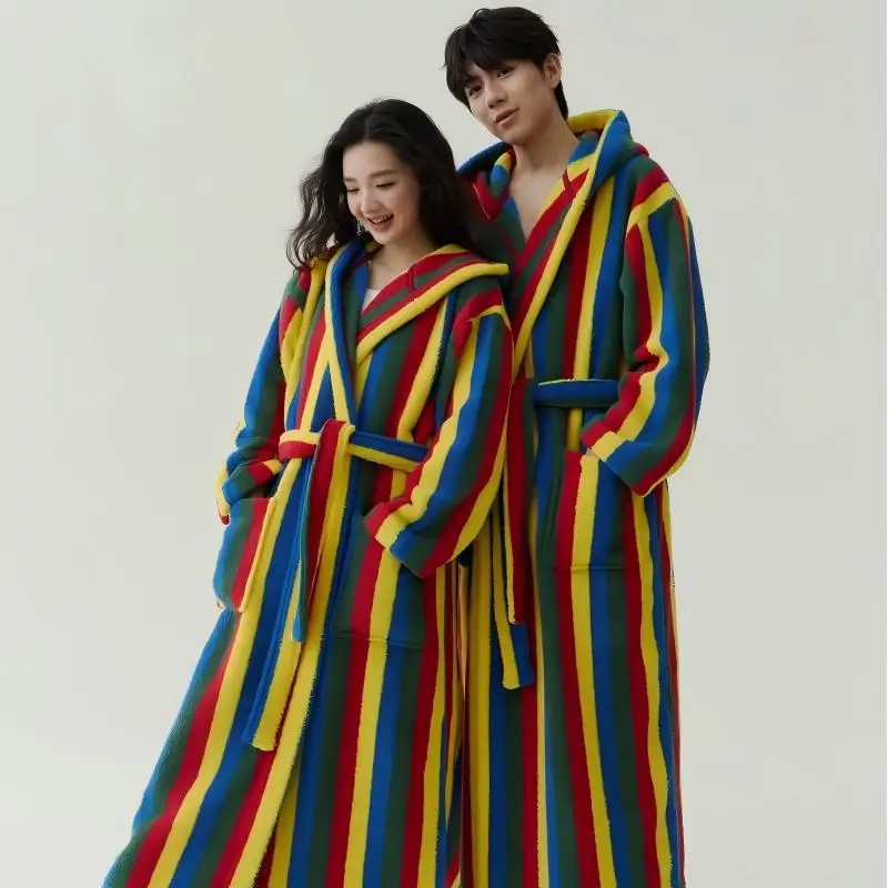 

New Winter Thicken Warm Flannel Women Men Long Hooded Robe Sleepwear Coral Fleece Bathrobe Home Dress Night Wear Loungewear