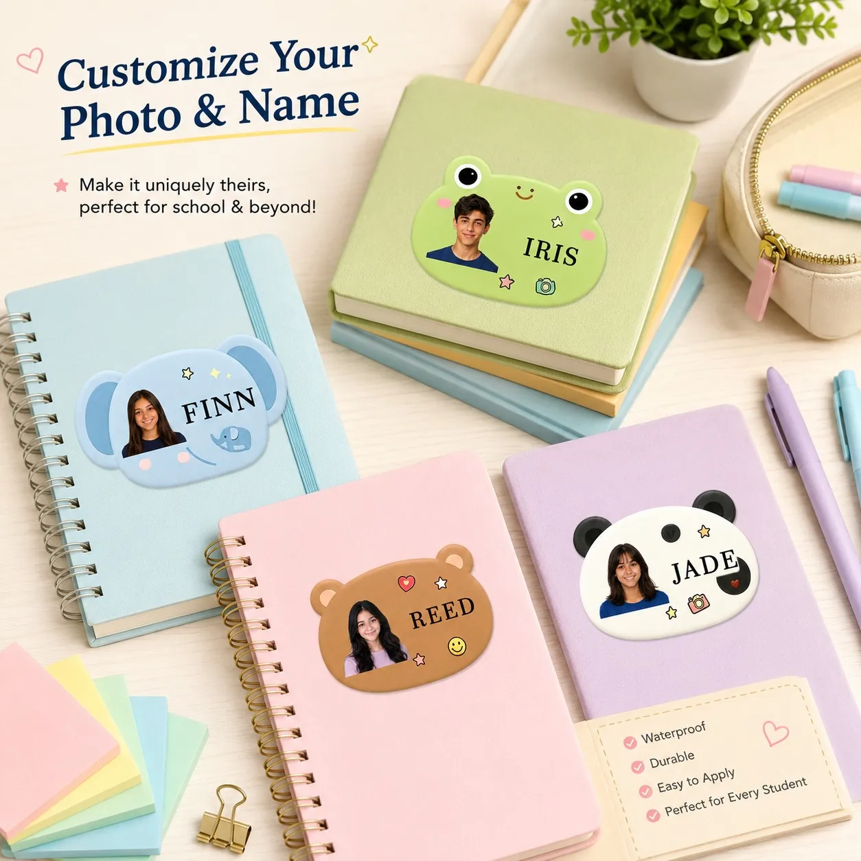 Customized Photo Name Stickers, Cute Animal-Shaped Personalized Name Tags, Available in Two Sizes, Suitable for Books, Pencil Cases, Water Bottles, and School Supplies
