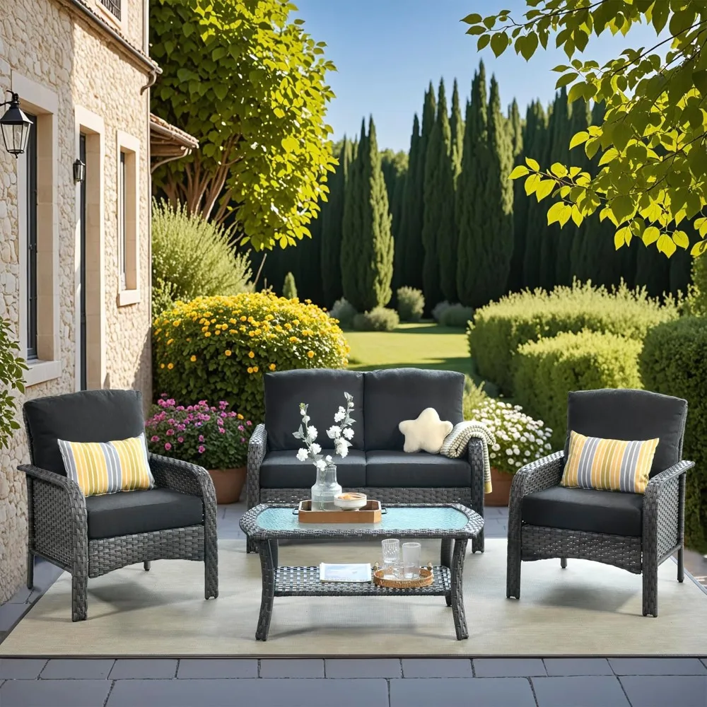 

4 Pieces Wicker Patio Furniture - All-Weather PE Wicker Outdoor Conversation Bistro Set Loveseat Chairs with Table,Outdoor Ratta