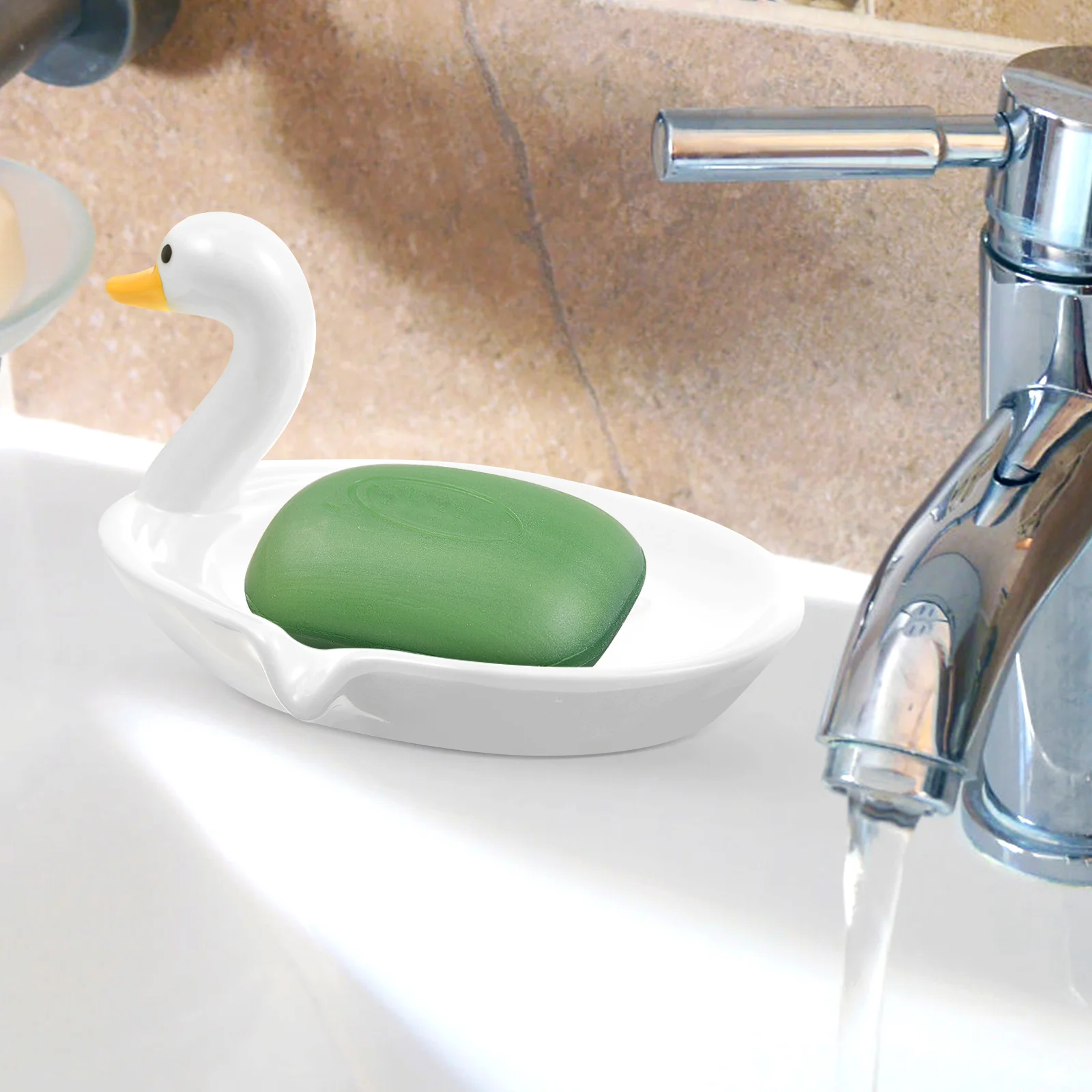 

Lovely Cartoon Duck Shape Soap Holder with Drainage Function Compact Ceramic Soap Dish for Bathroom Kitchen Travel Use
