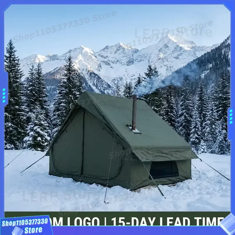 Heavy Duty 6.3sqm Inflatable Winter Tent with Chimney Port Fire Resistant Stove Jack Air Pole House for Wood Stove Camping