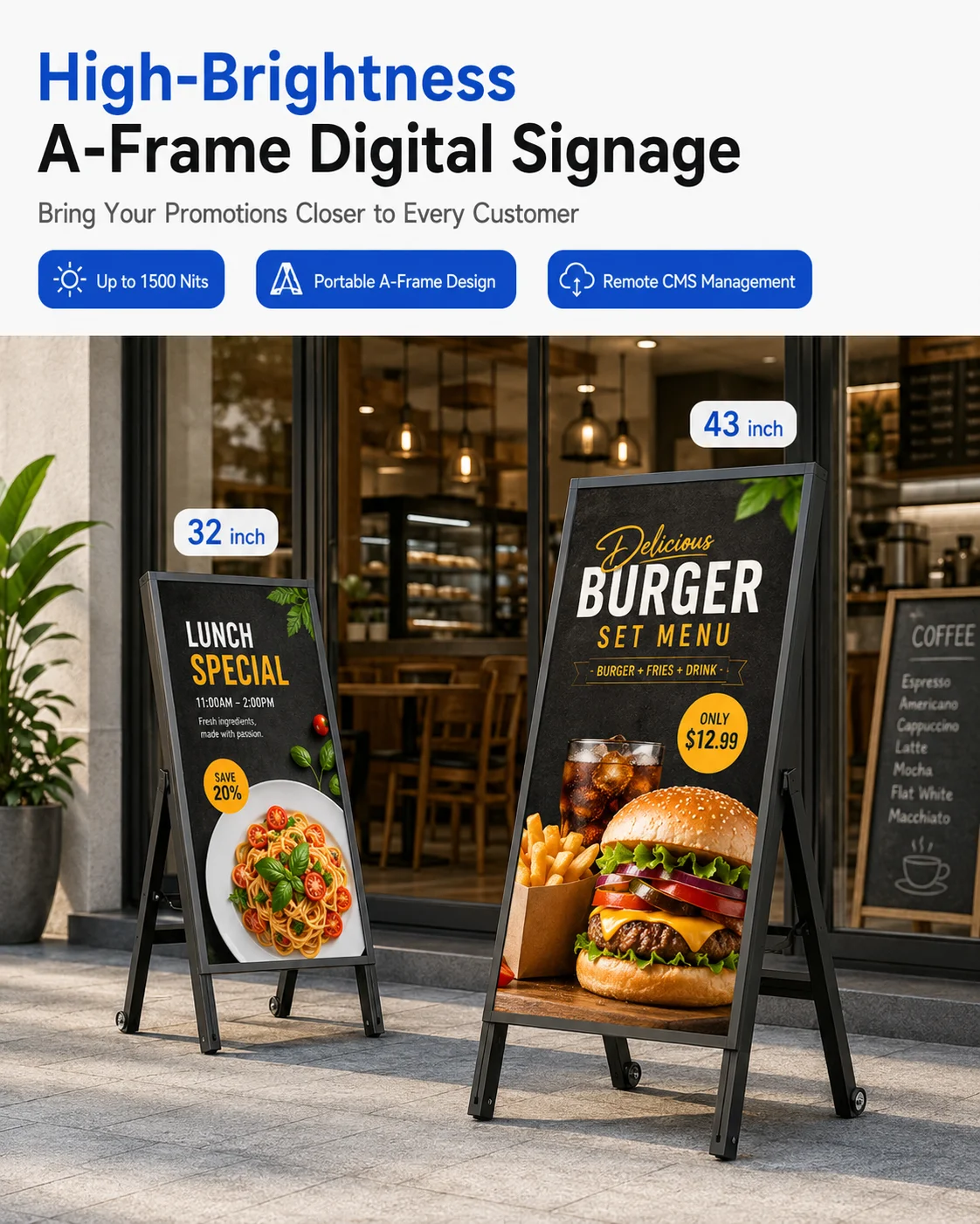 32/43 Inch High Brightness A-Frame Digital Signage Portable Outdoor LCD Advertising Display with Remote CMS